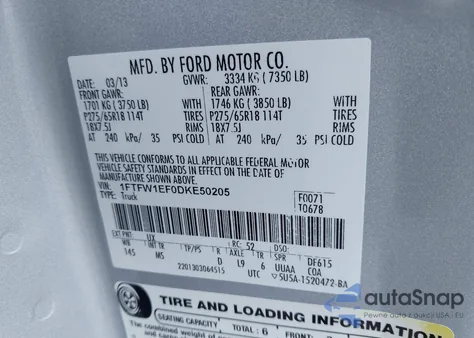 2013 Ford F-150 Xlt z USA, uszkodzony, nr VIN 1FTFW1EF0DKE50205